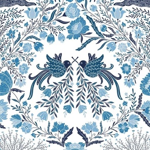 Maximalist folk Hungarian inspiered Deer and Dove Floral Blue shades on white L