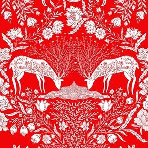 Maximalist folk Hungarian inspired Deer and Dove Floral white on red L