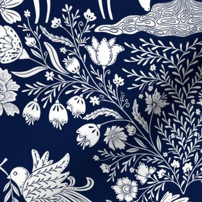 Maximalist folk Hungarian inspired Deer and Dove Floral white on deep blue L