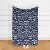 Maximalist folk Hungarian inspired Deer and Dove Floral white on deep blue L