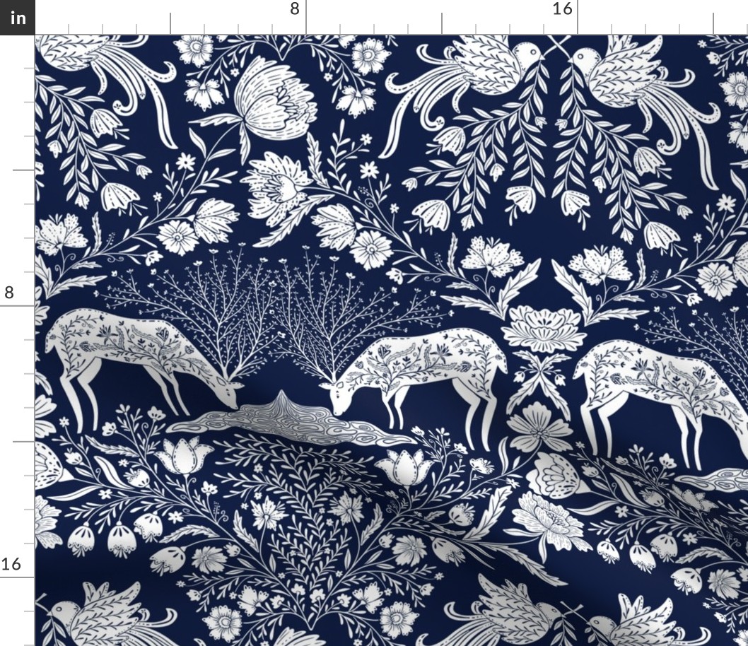 Maximalist folk Hungarian inspired Deer and Dove Floral white on deep blue L