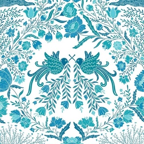 Maximalist folk Hungarian inspired Deer and Dove Floral turquoise Blue shades on white L