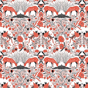 Maximalist folk Hungarian inspired Deer and Dove Floral red and black on white M