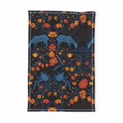 Maximalist folk Hungarian inspiered Deer and Dove Floral Colorful on black L