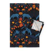 Maximalist folk Hungarian inspiered Deer and Dove Floral Colorful on black L