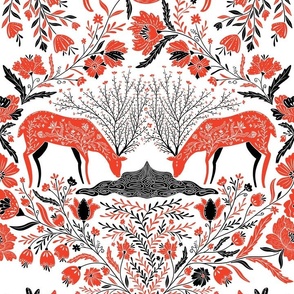 Maximalist folk Hungarian inspired Deer and Dove Floral red and black on white L