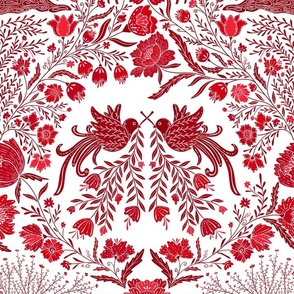 Maximalist folk Hungarian inspired Deer and Dove Floral red shades on white L