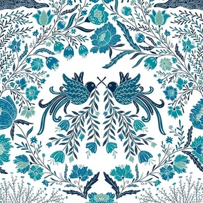 Maximalist folk Hungarian inspired Deer and Dove Floral aqua-blue shades on white L