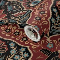 Maximalist Folk Damask with raven and mystical eye - vintage gold, red and blue - large