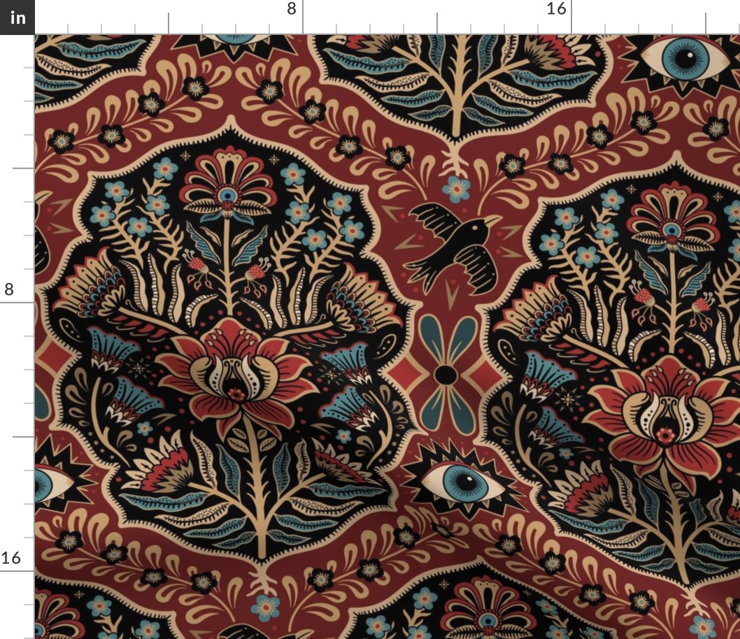 Maximalist Folk Damask with raven and mystical eye - vintage gold, red and blue - large