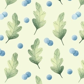 Green leaves and blue berries seamless pattern. Botanical illustration