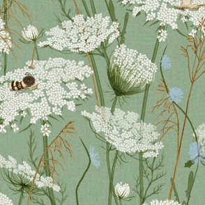 Large Wild flowers with whimsical bees Cottage Core Floral Queen Anne's lace, chicory and grasses on Emerald // Kelly green dark, celadon green, All Children, intheweedsdc , nursery wallpaper, kids wallpaper, gender neutral baby, emerald green