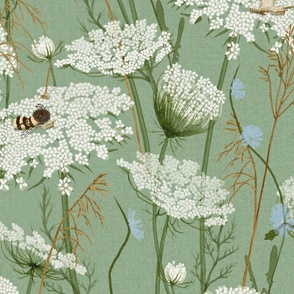 Large Wild flowers with bees Cottage Core Floral Queen Anne's lace, chicory and grasses on Emerald, Kelly green dark, celadon green, All Children, intheweedsdc , nursery wallpaper, kids wallpaper, gender neutral baby, emerald green