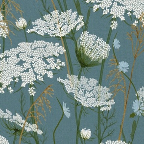 Large Wild flowers Modern Cottage Floral Queen Anne's lace and honey grasses on cerulean dark blue, teal, evergreen and blue , Meadow, cottage core, intheweedsdc , floral wallpaper, nursery wallpaper,  jumbo scale, home decor 