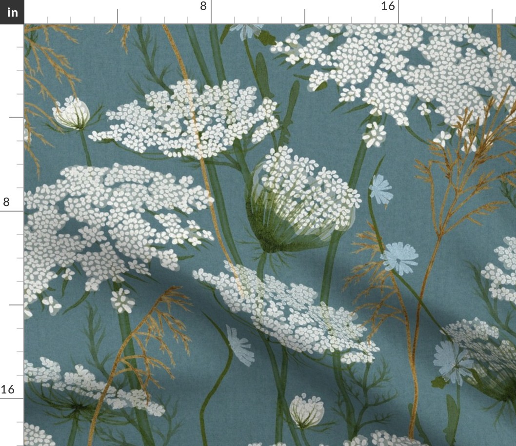 Large Wild flowers Modern Cottage Floral Queen Anne's lace and honey grasses on cerulean dark blue, teal, evergreen and blue , Meadow, cottage core, intheweedsdc , floral wallpaper, nursery wallpaper,  jumbo scale, home decor 