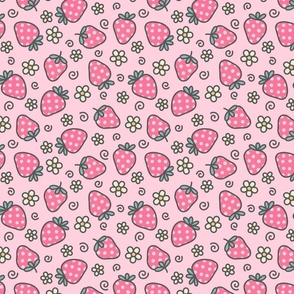 Pink Dotted Doodle Strawberries & Flowers (Large Scale)