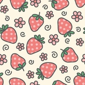 Red Dotted Doodle Strawberries & Flowers (Large Scale)