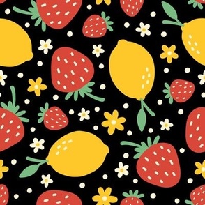 Strawberry, Lemons & Flowers on Black (Large Scale)