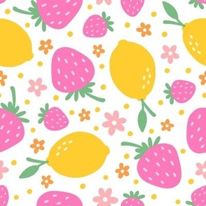 Bright Strawberry, Lemons & Flowers on White (Large Scale)