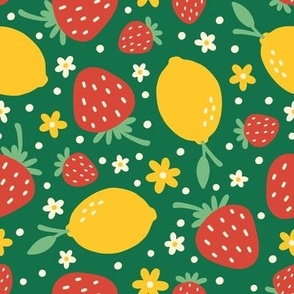 Strawberry, Lemons & Flowers on Green (Large Scale)