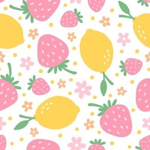Light Strawberry, Lemons & Flowers on White (Large Scale)