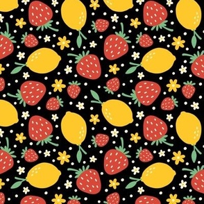 Strawberry, Lemons & Flowers on Black (Small Scale)
