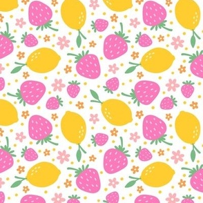 Bright Strawberry, Lemons & Flowers on White (Small Scale)