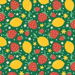 Strawberry, Lemons & Flowers on Green (Small Scale)