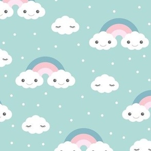 Sweet kawaii rainbows clouds and spots happy day and sweet dreams kids design in vintage blue pink on teal girls 