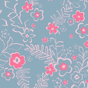 Boho Flowers in Blue and Pink - (Medium Scale)