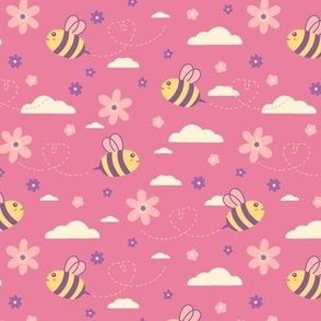 Bees & Flowers on Pink (Small Scale)