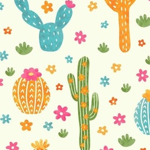 Bright Watercolor Cacti & Flowers on Cream (Large Scale)