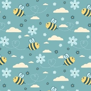 Bees & Flowers on Teal (Small Scale)