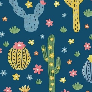 Muted Watercolor Cacti & Flowers on Blue (Large Scale)