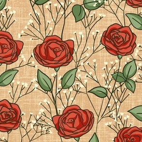 Red Roses & Baby's Breath on Brown  (Large Scale)