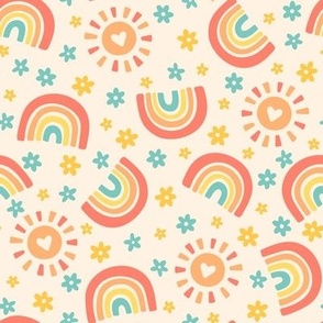 Rainbows, Sunshine & Flowers in Retro Colors (Large Scale)