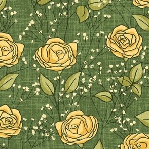 Yellow Roses & Baby's Breath on Green (Large Scale)