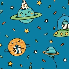 Birthday Party in Space on Blue (Large Scale)