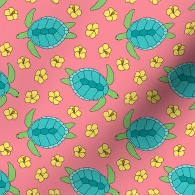 Swimming Turtles and Hibiscus on Pink (Small Scale)