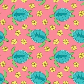Swimming Turtles and Hibiscus on Pink (Small Scale)