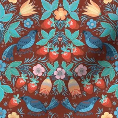(small) Strawberry Thief Folksy Style on Red / Maximalist Folk Design Challenge / small scale  
