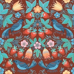 (S/red) Strawberry Thief Folksy Style on Red / Maximalist Folk Design Challenge / 8 in small scale  