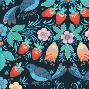 (M/navy) Strawberry Thief Folksy Style on Navy / Maximalist Folk  / 12x12 in Medium scale   