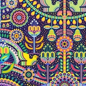 Maximalist Folk Art Small- Multicolored Dark Background Wallpaper- Scandinavian- Mexican- Folklore- Flowers- Birds- Tree of Life