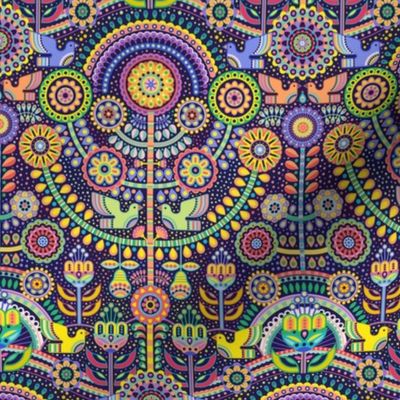 Maximalist Folk Art Mini- Multicolored Dark Background Wallpaper- Scandinavian- Mexican- Folklore- Flowers- Birds- Tree of Life