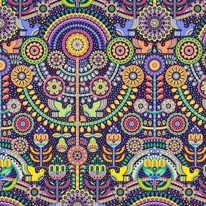 Maximalist Folk Art Mini- Multicolored Dark Background Wallpaper- Scandinavian- Mexican- Folklore- Flowers- Birds- Tree of Life