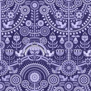 Maximalist Folk Art Mini- Indigo Blue Dark Background Wallpaper- Scandinavian- Mexican- Folklore- Flowers- Birds- Tree of Life