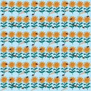 Sunflowers and hares rabbits small, light blue crackle texture