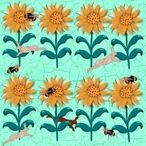 Sunflowers, bees and hares rabbits on mint green background with texture 