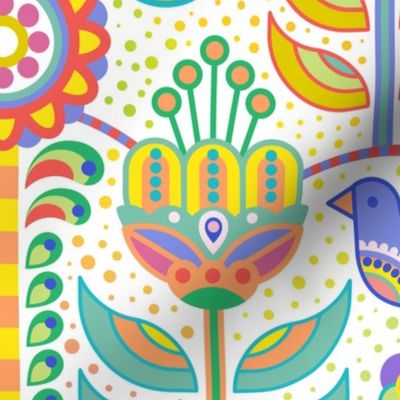 Fiesta- Garden Party- Maximalist Folk Art Jumbo- Multicolored White Background Wallpaper- Geometric Scandinavian- Mexican- Folklore- Flowers- Birds- Tree of Life